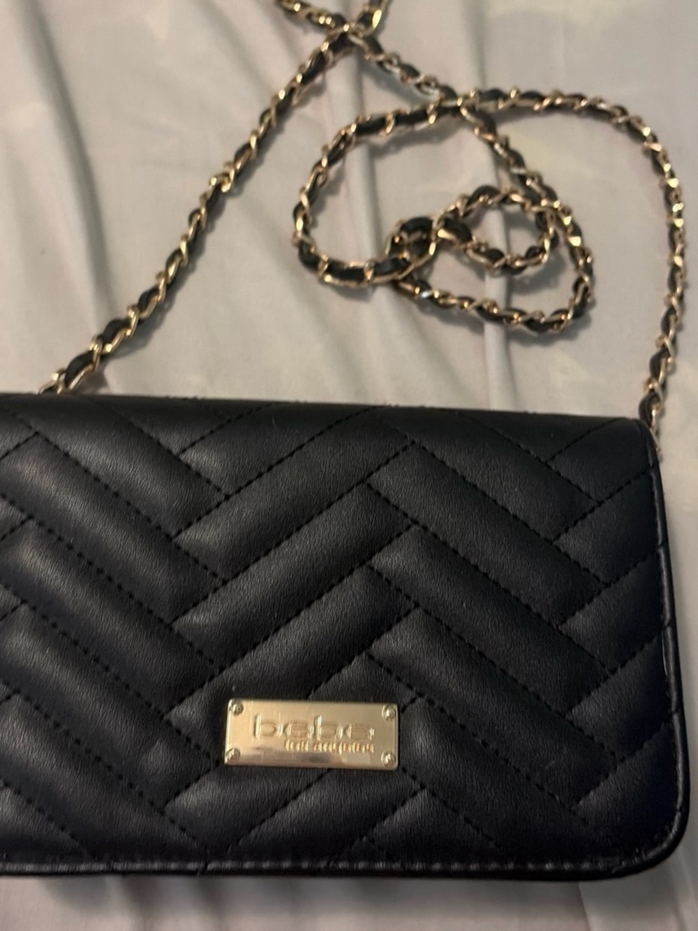 bebe Black Quilted Crossbody with Gold Chain Strap